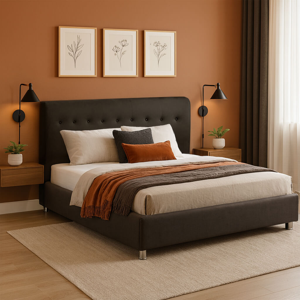 Ένα μοντέρνο, σκούρο γκρι ντυμένο κρεβάτι με καπιτονέ κεφαλάρι και πόδια χρωμίου. Αποτελεί το κεντρικό έπιπλο μιας κρεβατοκάμαρας με έναν έντονο πορτοκαλί-κεραμιδί τοίχο, πλαισιωμένο από δύο πλωτά ξύλινα κομοδίνα με μαύρα επιτοίχια φωτιστικά. Πάνω από το κρεβάτι κρέμονται τρία κάδρα με σχέδια βοτανικής.