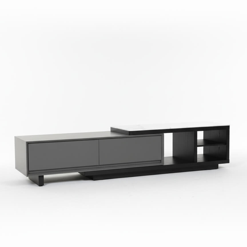 Πλαϊνή όψη του επίπλου τηλεόρασης Alexa σε γκρι και λευκό μάρμαρο, σε λευκό φόντο.