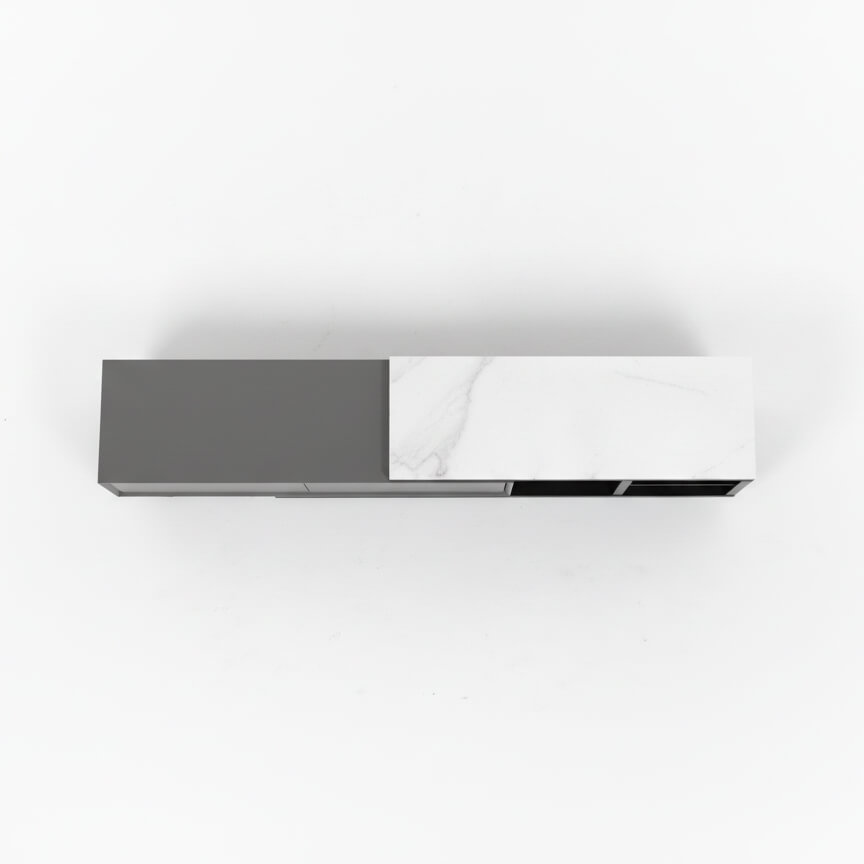 Κάτοψη του επίπλου τηλεόρασης Alexa που δείχνει τη γκρι και τη μαρμάρινη επιφάνεια.