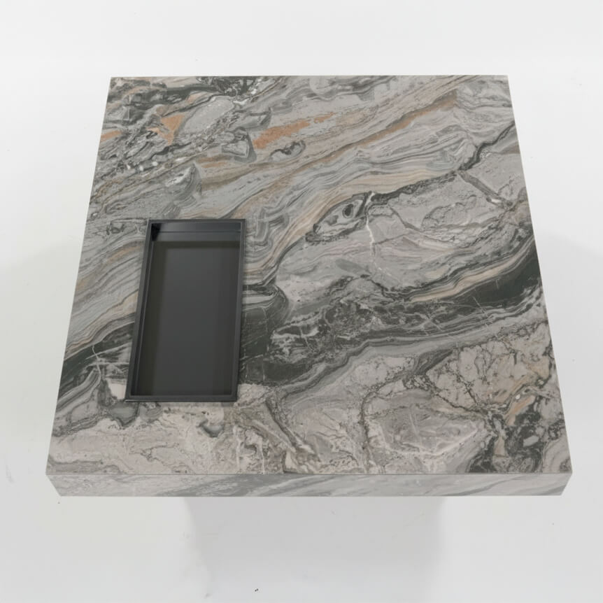 Κάτοψη της γκρι κεραμικής επιφάνειας του τραπεζιού Anthracite CT-100 με τον ενσωματωμένο δίσκο.