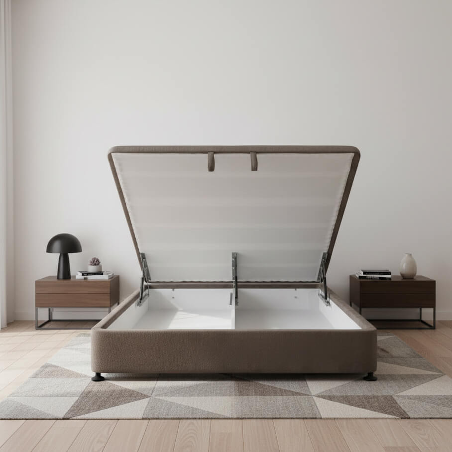 Κρεβάτι- ντιβάνι Aphro Angel με τον μηχανισμό ανύψωσης ανοιχτό, δείχνοντας τον αποθηκευτικό χώρο