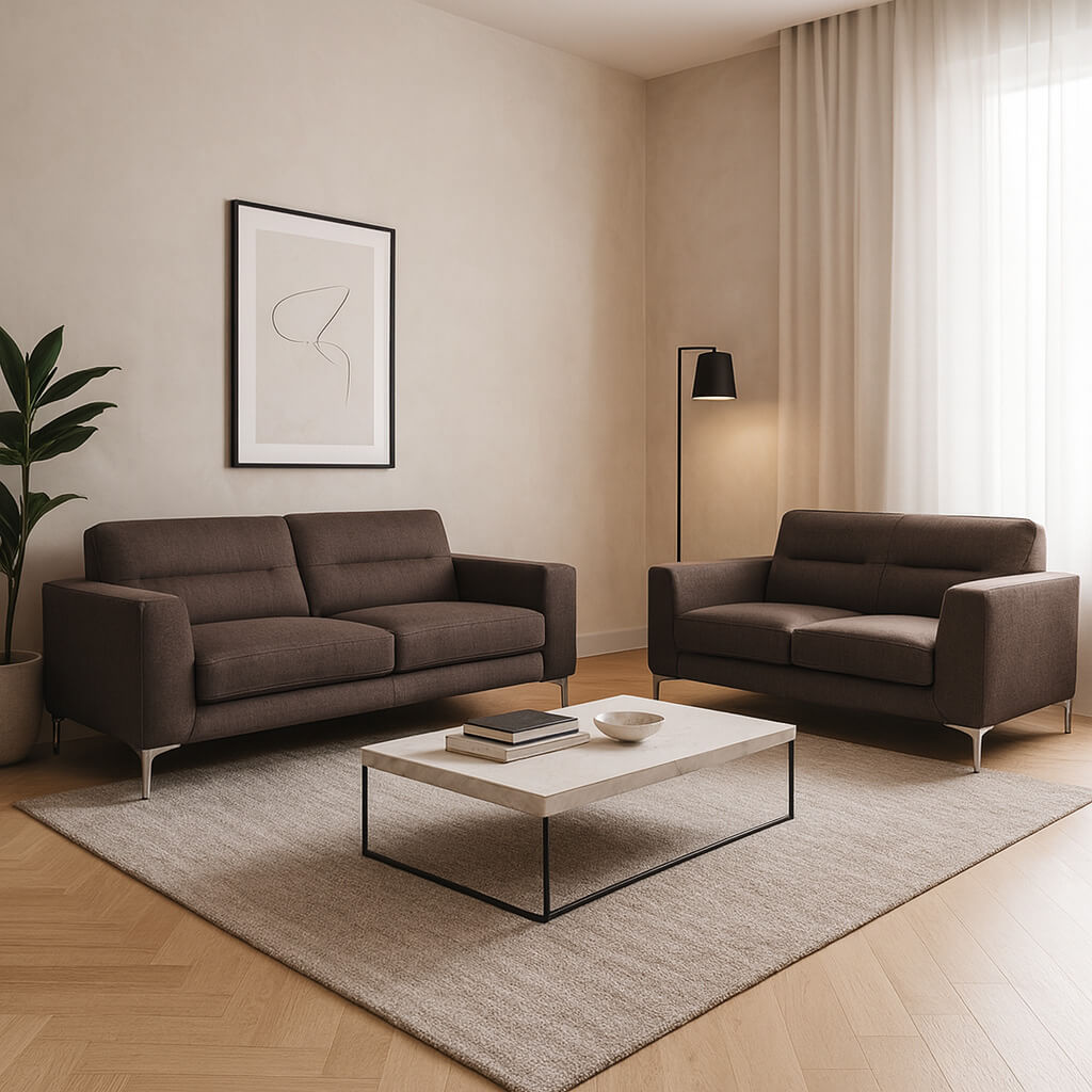 Σετ καναπέδων Athina καφέ: υφασμάτινος τριθέσιος και διθέσιος με ραφές καναλιών και μεταλλικά πόδια, μοντέρνος χαρακτήρας.