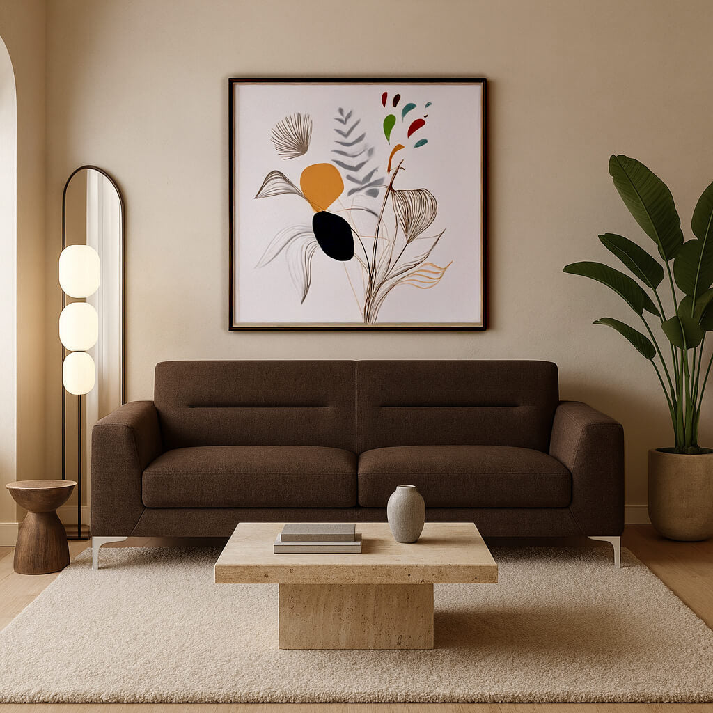 Τριθέσιος καναπές Αθηνά – ύφασμα – καφέ – σε μοντέρνο σαλόνι – μίνιμαλ design. / Brown