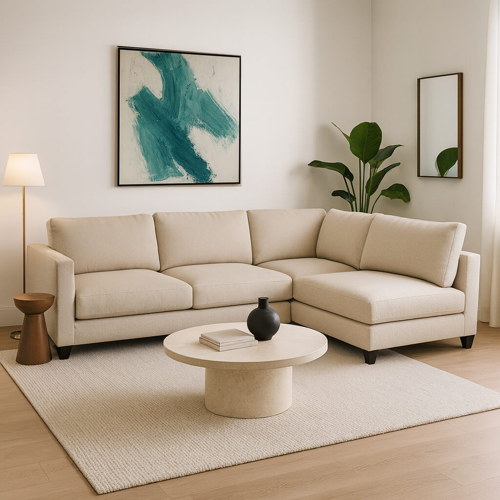 Γωνιακός καναπές Atlanta – ύφασμα – μπεζ – σχήμα L – σε μοντέρνο σαλόνι. / Beige