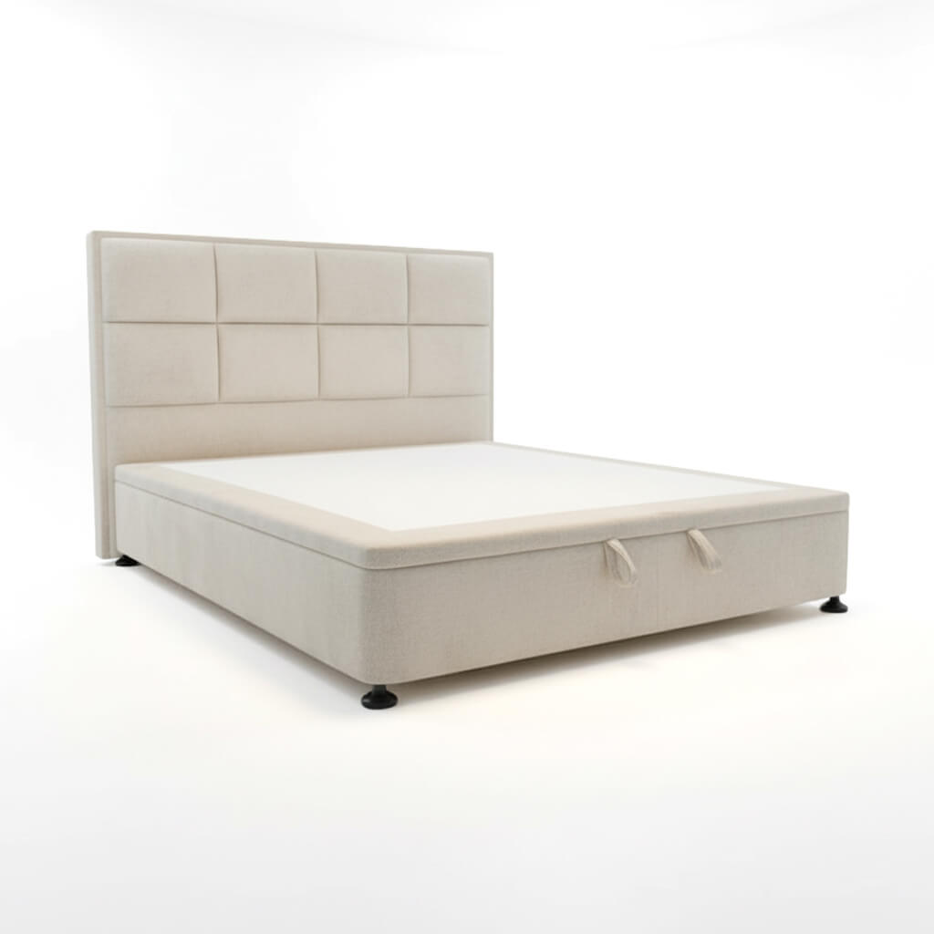 Κρεβάτι Carre με αποθηκευτικό χώρο – ύφασμα – εκρού – σε λευκό φόντο – καπιτονέ