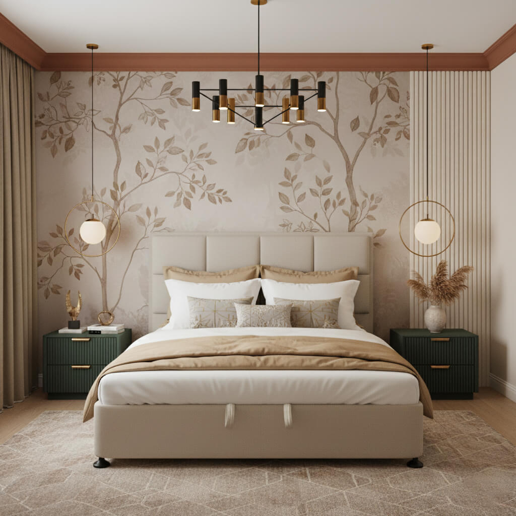 Κρεβάτι Carre με αποθηκευτικό χώρο – ύφασμα – εκρού – καπιτονέ – σε μοντέρνο υπνοδωμάτιο