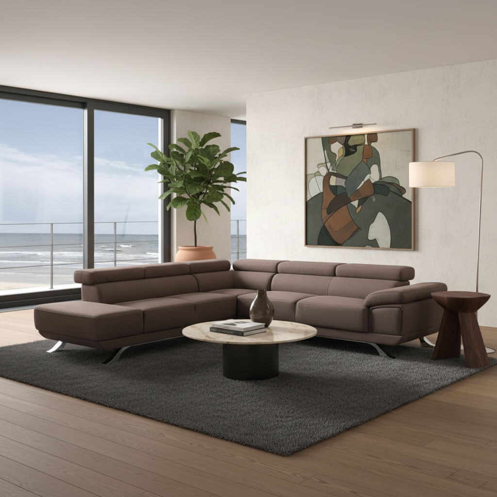 Γωνιακός καναπές Δανάη extra – ύφασμα – καφέ – με ρυθμιζόμενα προσκέφαλα – μοντέρνος. / Brown