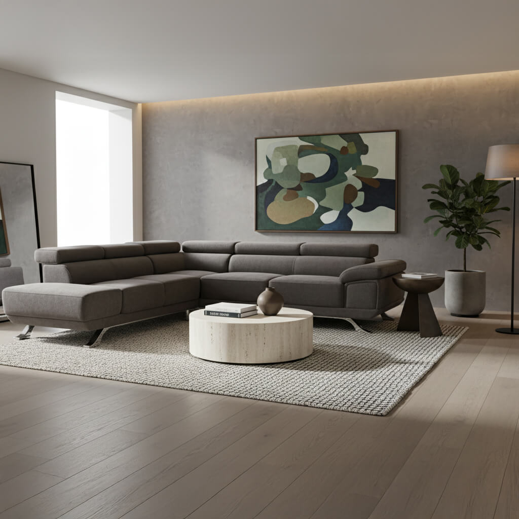 Γωνιακός καναπές Δανάη extra – ύφασμα – γκρι – σε σαλόνι – με ρυθμιζόμενα προσκέφαλα / Danae grey