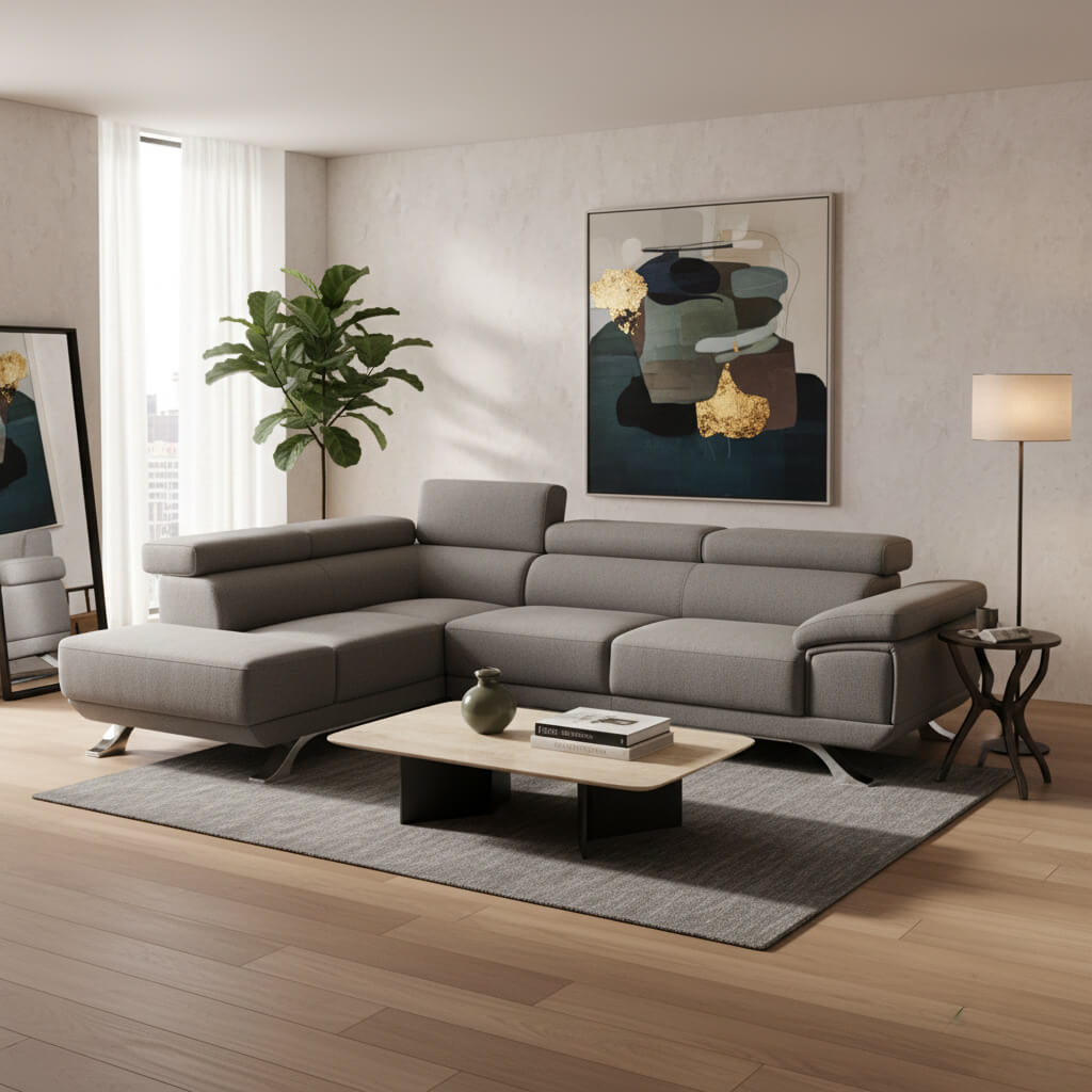 Γωνιακός καναπές Δανάη – ύφασμα – γκρι – με ρυθμιζόμενα προσκέφαλα – μοντέρνος / Danae grey