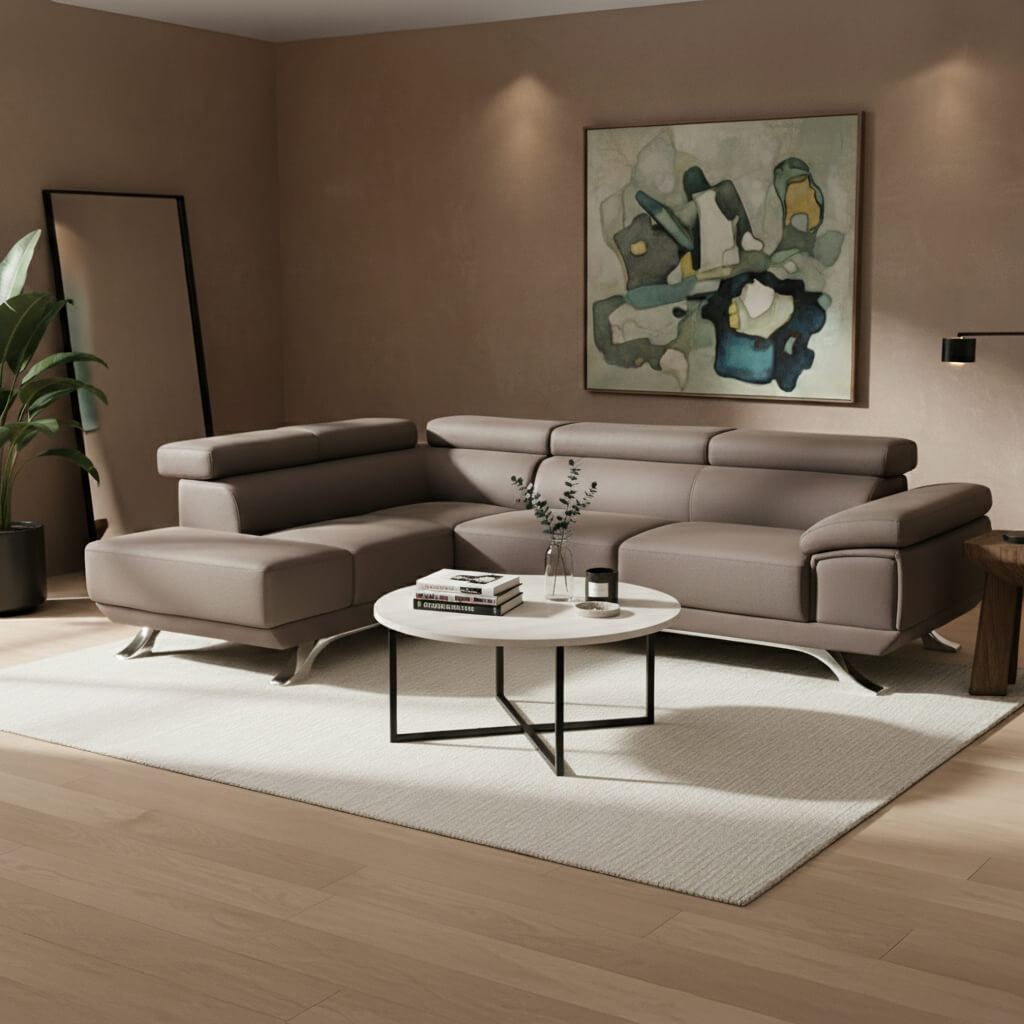 Γωνιακός καναπές Δανάη – ύφασμα – καφέ – σε σαλόνι – με ρυθμιζόμενα προσκέφαλα. / Brown