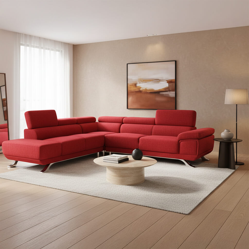 Γωνιακός καναπές Δανάη – ύφασμα – κόκκινος – με ρυθμιζόμενα προσκέφαλα – για σαλόνι / Danae red