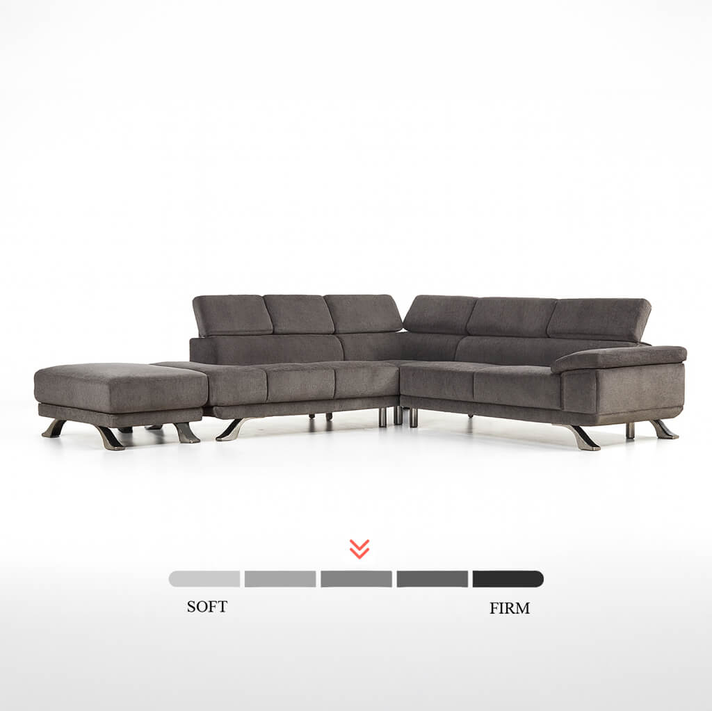 Γωνιακός καναπές Δανάη extra  – microsuede– γκρι – με πουφ – σε λευκό φόντο / Danae Dark grey