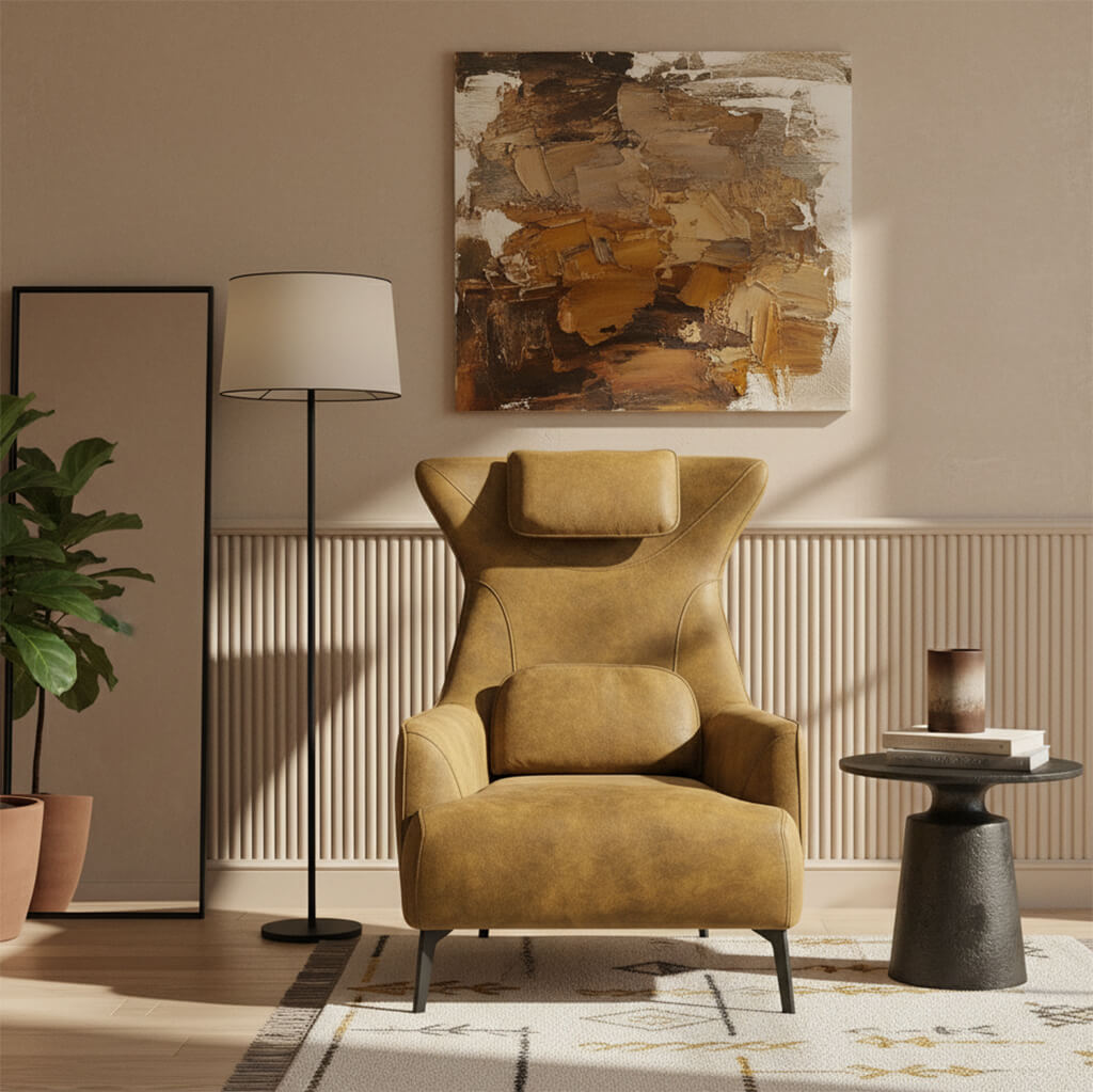 Πολυθρόνα Egon – ύφασμα microfiber – κίτρινη μουσταρδί – με ψηλή πλάτη – για σαλόνι / Yellow