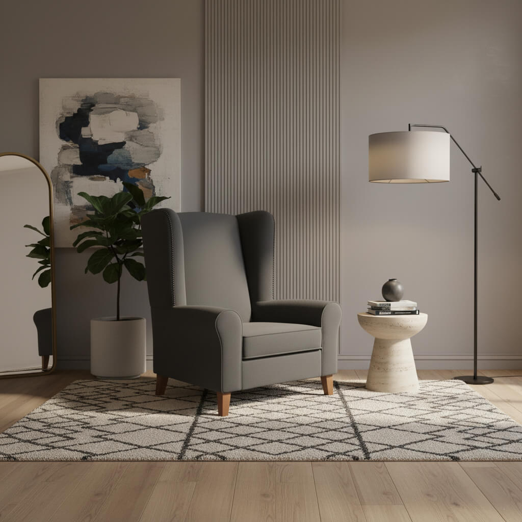 Πολυθρόνα Elizabeth – λινό ύφασμα – γκρι – με ξύλινα πόδια – κλασικό στυλ. / Grey