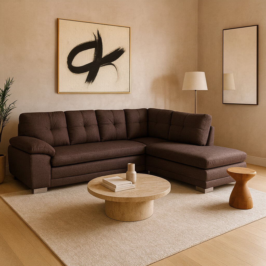 Γωνιακός καναπές Erika – ύφασμα – καφέ – σχήμα L – μοντέρνος για σαλόνι / Brown
