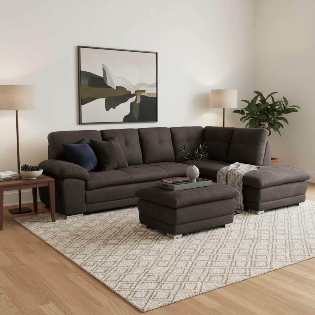 Γωνιακός καναπές Erika – σουέτ – σκούρο γκρι – με ασορτί πουφ – μοντέρνος / Grey