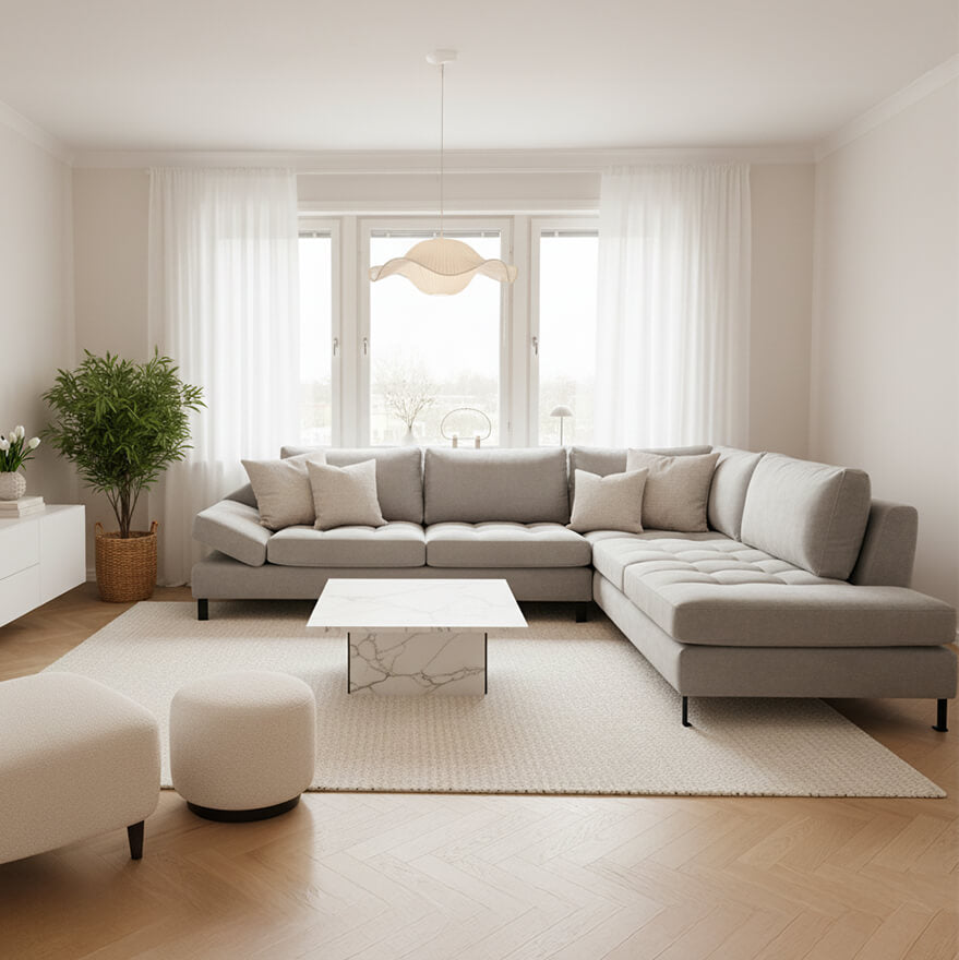 Γωνιακός καναπές Εστέλλα – ύφασμα – ανοιχτό γκρι – με καπιτονέ σεζλόνγκ – μοντέρνος / Light grey