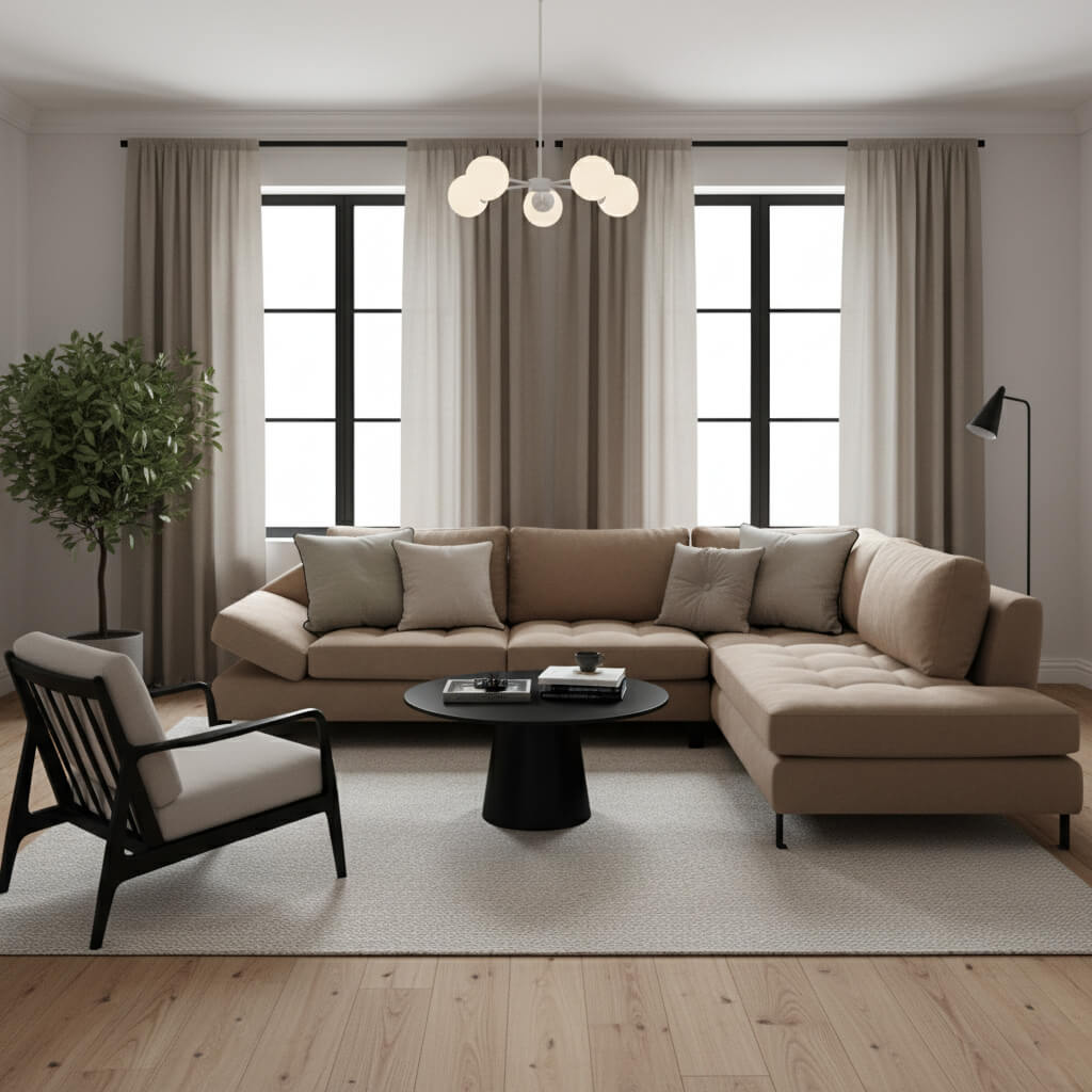 Γωνιακός καναπές Εστέλλα – ύφασμα microfiber – ανοιχτό καφέ – με καπιτονέ σεζλόνγκ – μοντέρνος / Light Brown