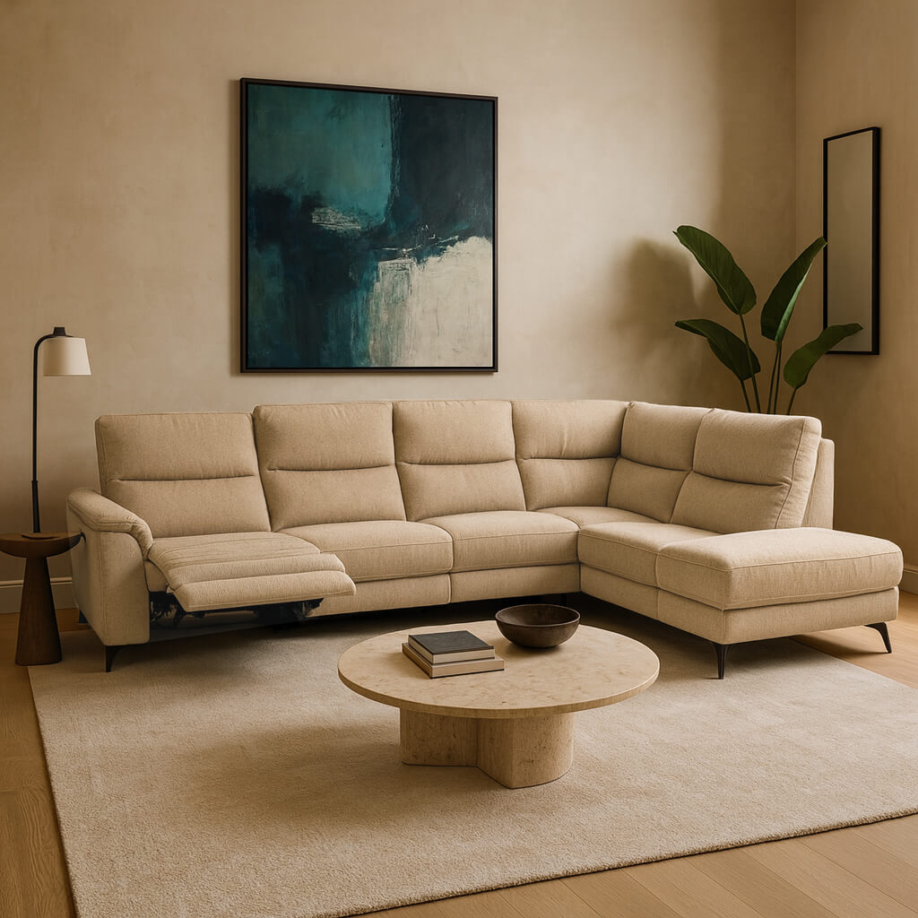 Γωνιακός καναπές Evora recliner – ύφασμα – μπεζ – L-shape – μοντέρνο έπιπλο / Beige