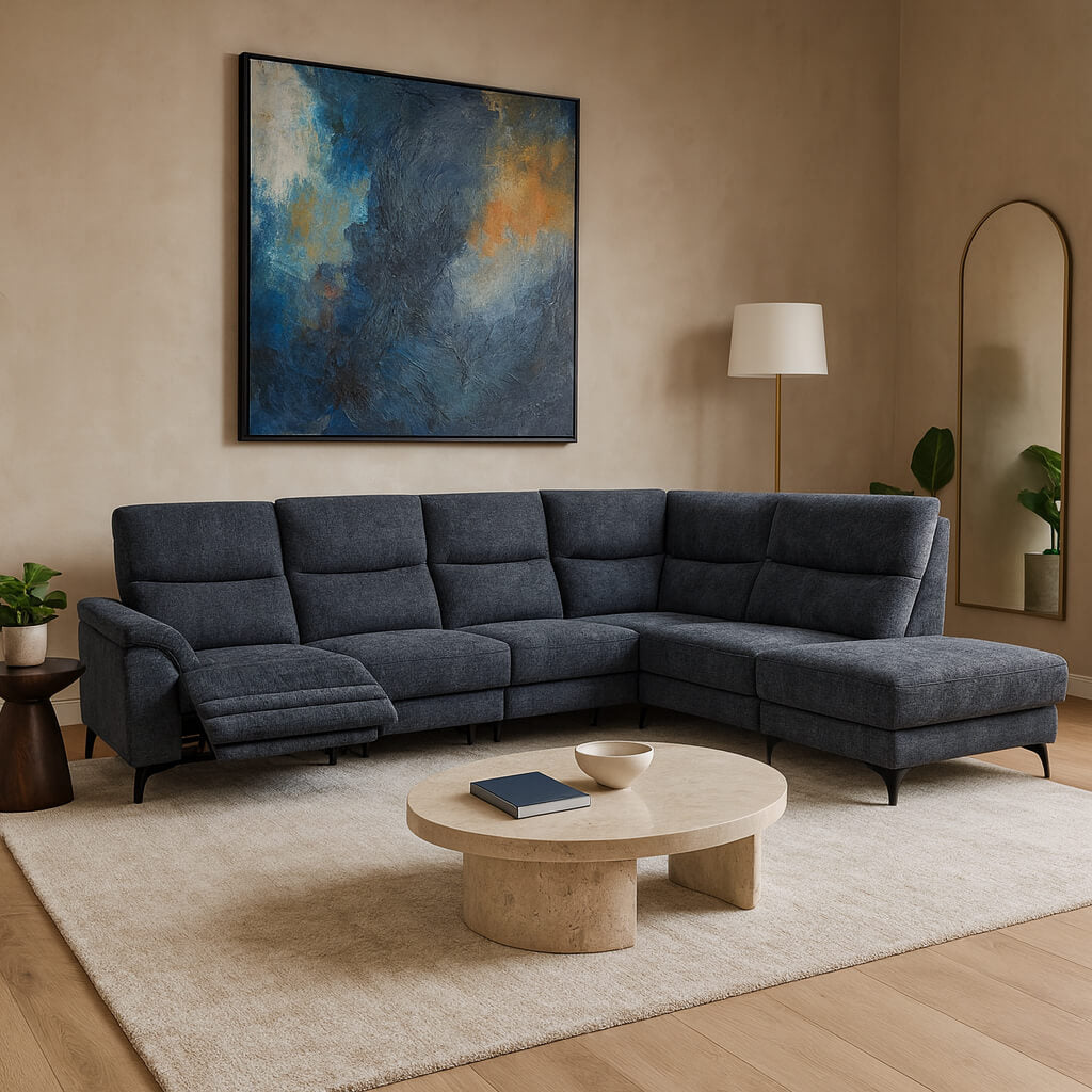 Γωνιακός καναπές Evora με ανάκλιση – ύφασμα – γκρι-μπλε – L-shape – σύγχρονος / Grey