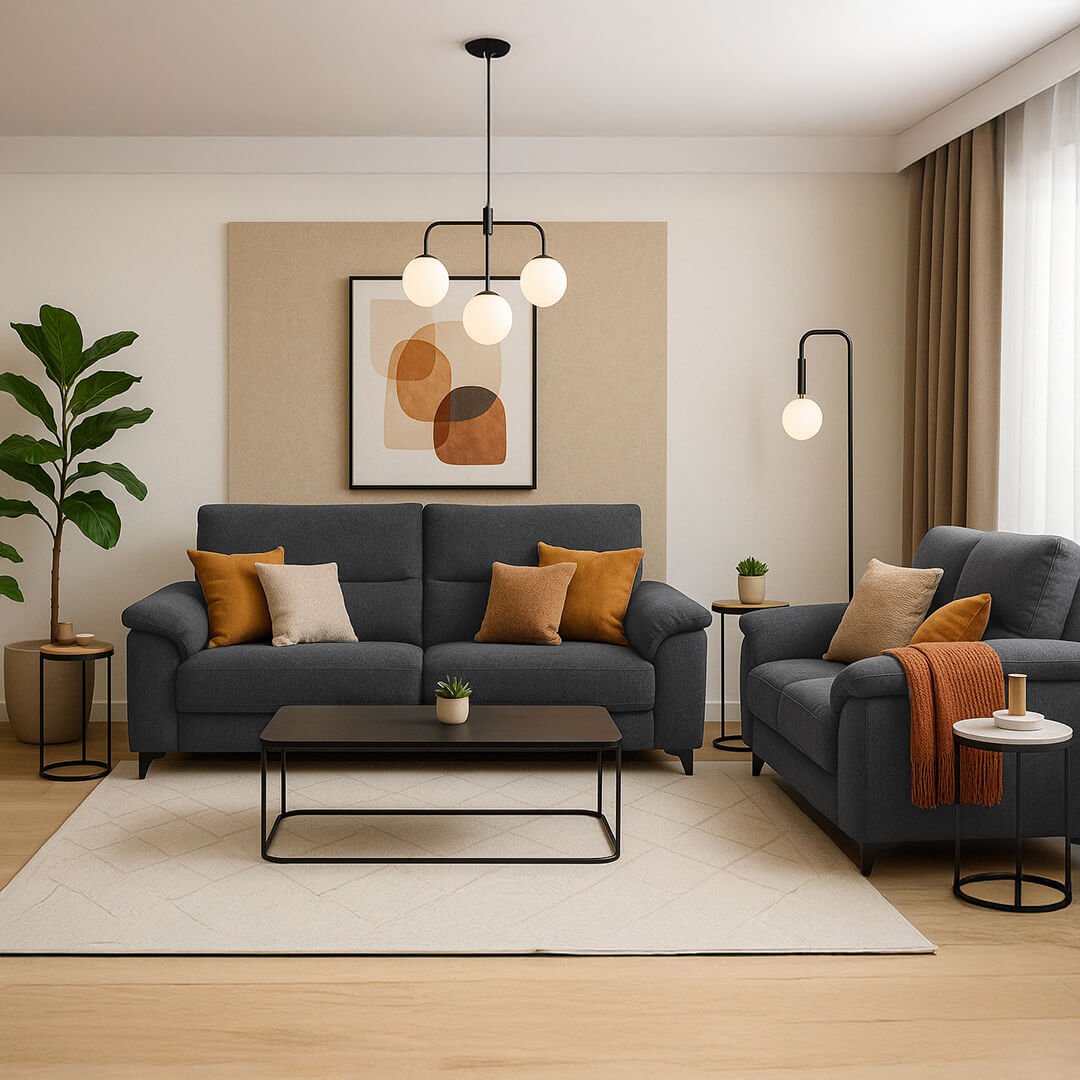 Σετ μοντέρνων καναπέδων από σκούρο γκρι ύφασμα, αποτελούμενο από έναν τριθέσιο καναπέ και έναν ασορτί διθέσιο, με πλούσια μαξιλάρια και λεπτά σκούρα κωνικά πόδια. / Dark Grey