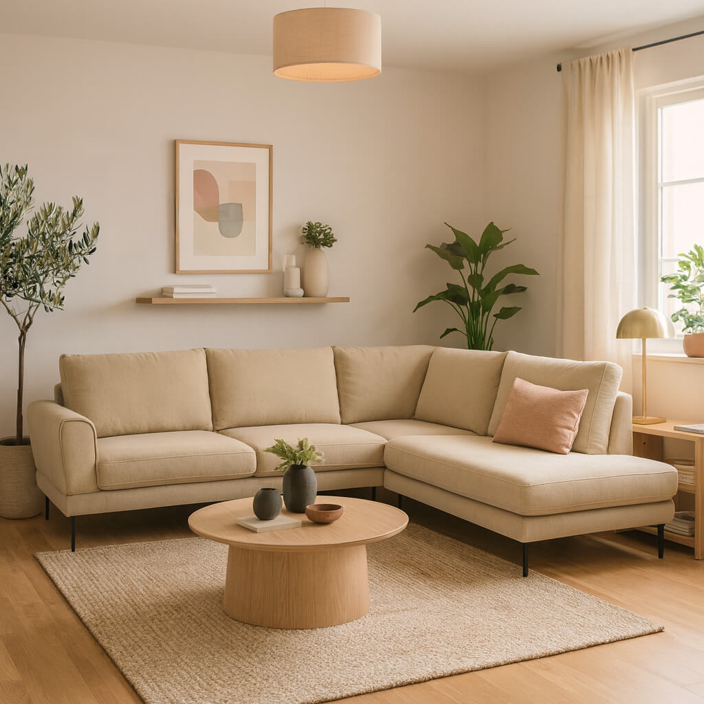 Γωνιακός καναπές Faro μπεζ: υφασμάτινος L-shape με chaise, λεπτά μεταλλικά πόδια, άνεση για σύγχρονο σαλόνι / Beige