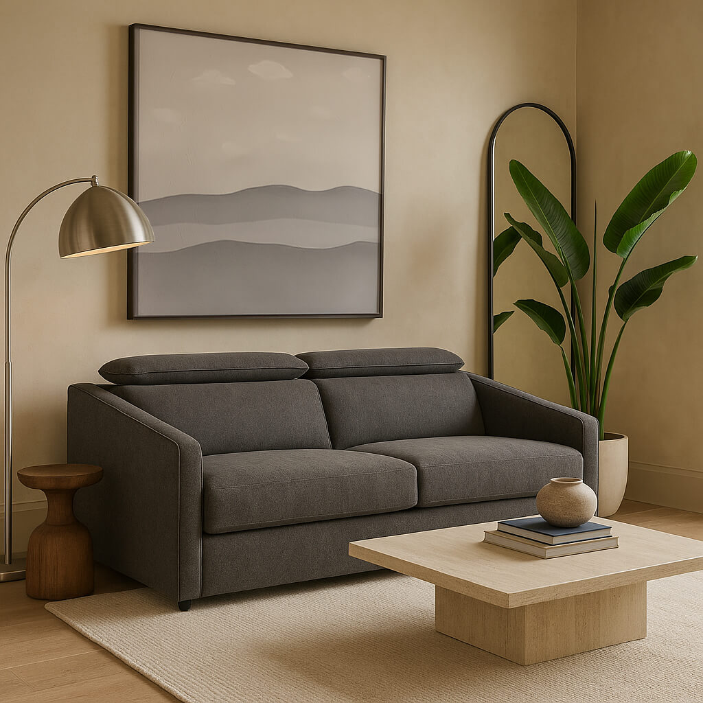 Καναπές-κρεβάτι Fino – ύφασμα – σκούρο γκρι – με ρυθμιζόμενα προσκέφαλα – μοντέρνος