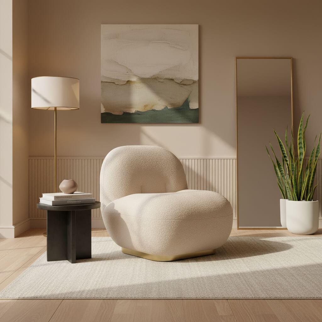 Πολυθρόνα Irelia – ύφασμα μπουκλέ – μπεζ – με στρογγυλεμένο σχήμα – μοντέρνο design / Beige