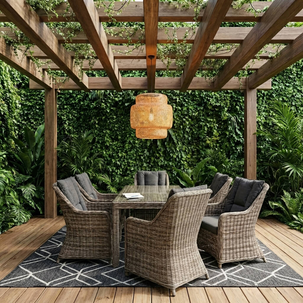 trapezaria exoterikou xorou rattan me alouminio gia 6 theseis