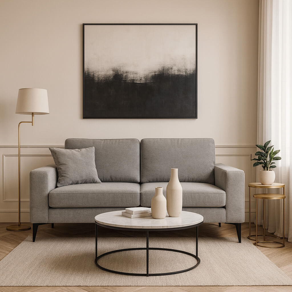 Ένας μοντέρνος διθέσιος καναπές σε ανοιχτό γκρι χρώμα, σε ένα κομψό σαλόνι με διακοσμητικά γύψινα στον τοίχο. Η σκηνή περιλαμβάνει ένα στρογγυλό τραπεζάκι σαλονιού με μαρμάρινη επιφάνεια, έναν μεγάλο ασπρόμαυρο αφηρημένο πίνακα, ένα μπρούτζινο φωτιστικό δαπέδου και χρυσά τραπεζάκια-φωλιές / Light Grey