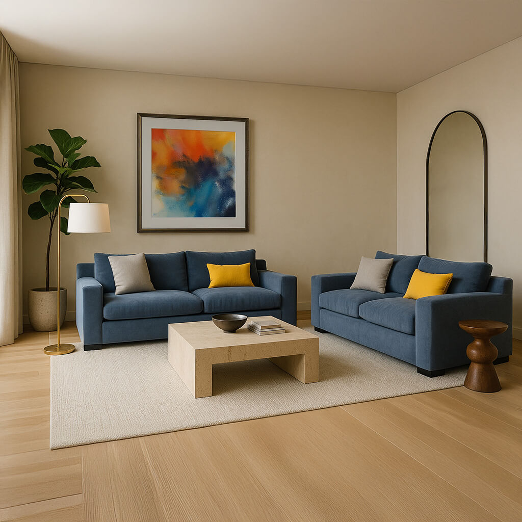 Ένα μοντέρνο σαλόνι με σετ δύο ασορτί καναπέδων σε σκονισμένο μπλε χρώμα. Ο χώρος είναι διακοσμημένος με ένα μεγάλο πέτρινο τραπεζάκι σαλονιού, ένα ζωηρό αφηρημένο έργο τέχνης στον τοίχο, έναν τοξωτό ολόσωμο καθρέφτη και ένα φυτό λυράτα. Κίτρινα και μπεζ μαξιλάρια προσθέτουν μια πινελιά χρώματος στους καναπέδες. / Blue