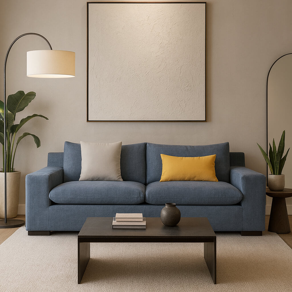 Τριθέσιος καναπές Marcello – ύφασμα – μπλε – μοντέρνος σχεδιασμός σαλονιού.