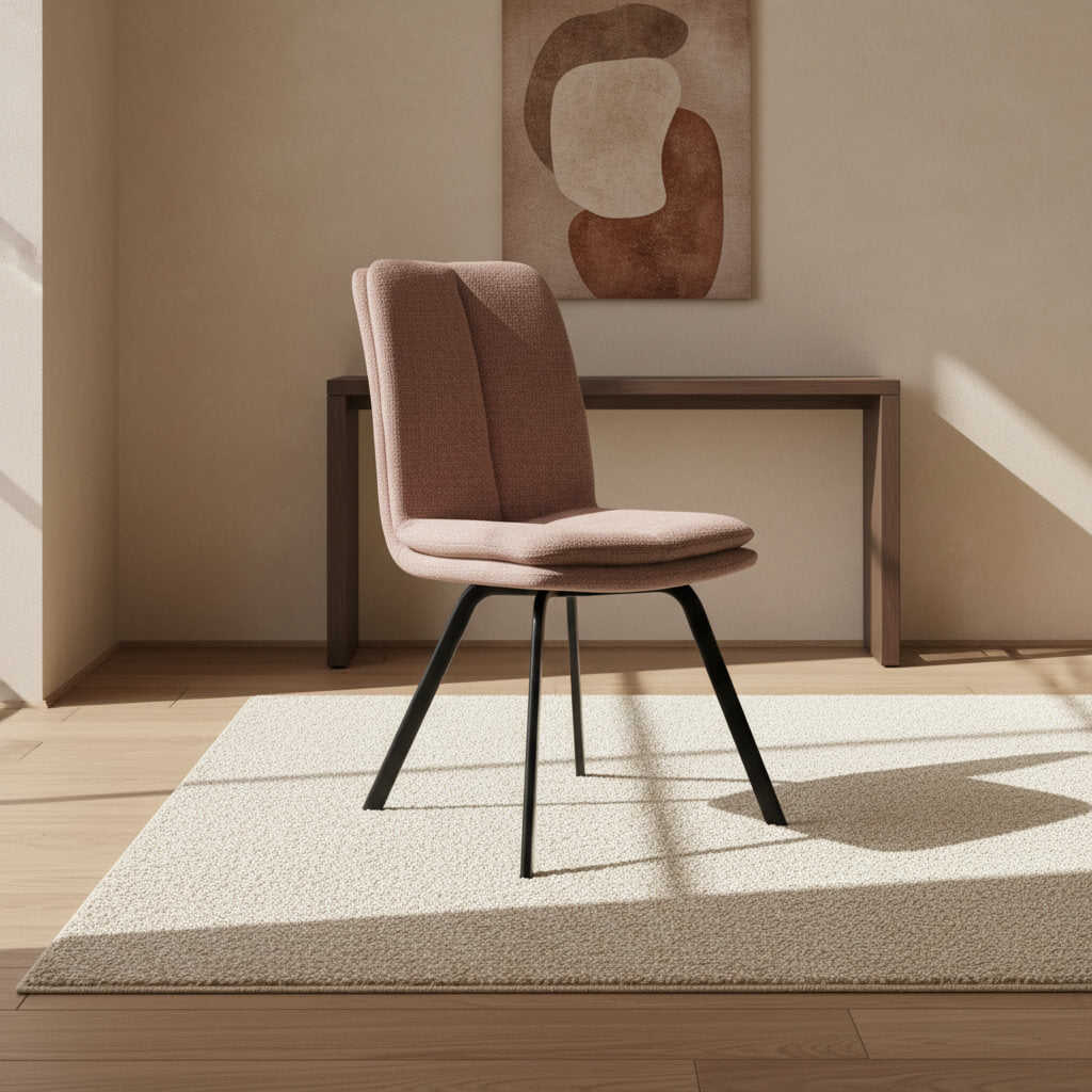 Καρέκλα τραπεζαρίας Μέρι – ύφασμα – ροζ – με μαύρη βάση – μίνιμαλ design. / Pink