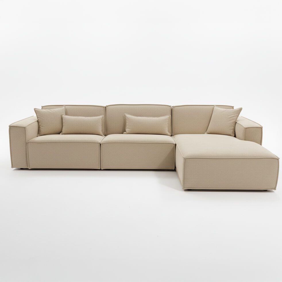 Γωνιακός καναπές Nur – ύφασμα microfiber – μπεζ – με σεζλόνγκ – σε λευκό φόντο / Beige