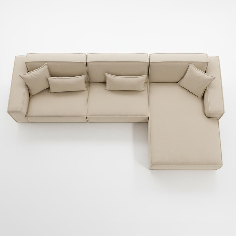 Κάτοψη του γωνιακού καναπέ Nur σε μπεζ ύφασμα microfiber, σε λευκό φόντο. / Beige