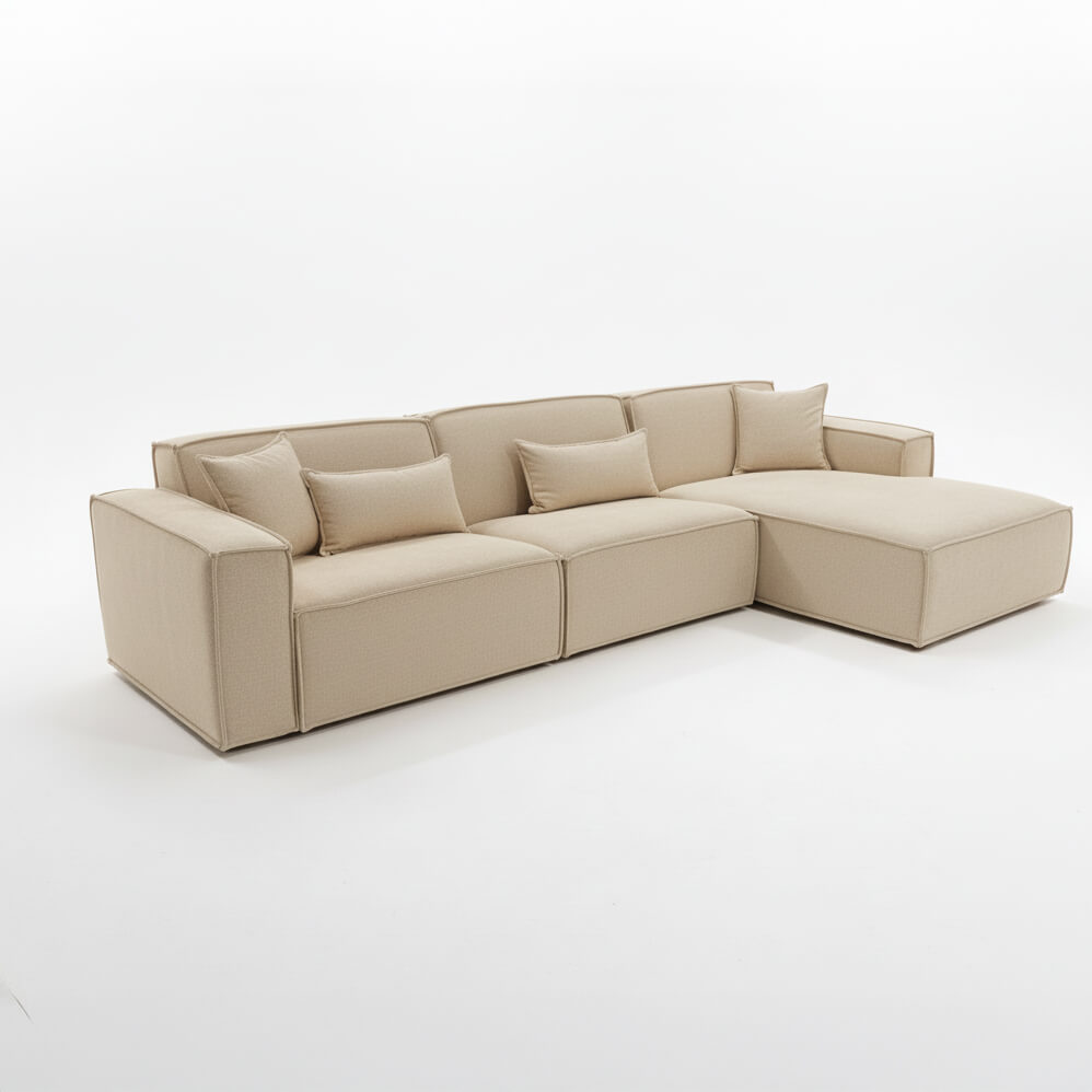 Γωνιακός καναπές Nur – ύφασμα microfiber – μπεζ – σε λευκό φόντο – μοντέρνος. / Beige