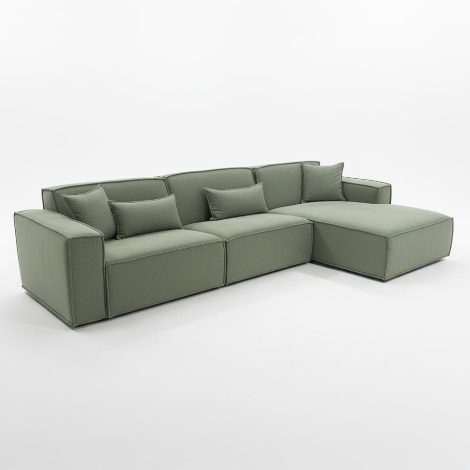 Γωνιακός καναπές Nur – λινό ύφασμα – πράσινος – με σεζλόνγκ – σε λευκό φόντο. / Soft green