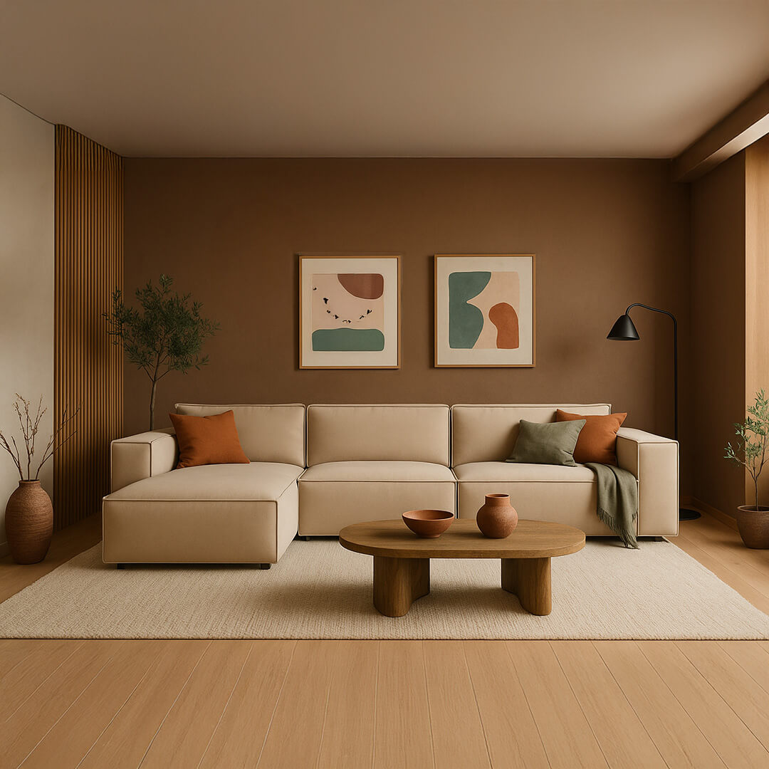 Μοντέρνος γωνιακός καναπές Nur από ανοιχτό μπεζ ύφασμα, με ευδιάκριτα αρθρωτά τμήματα. / Beige