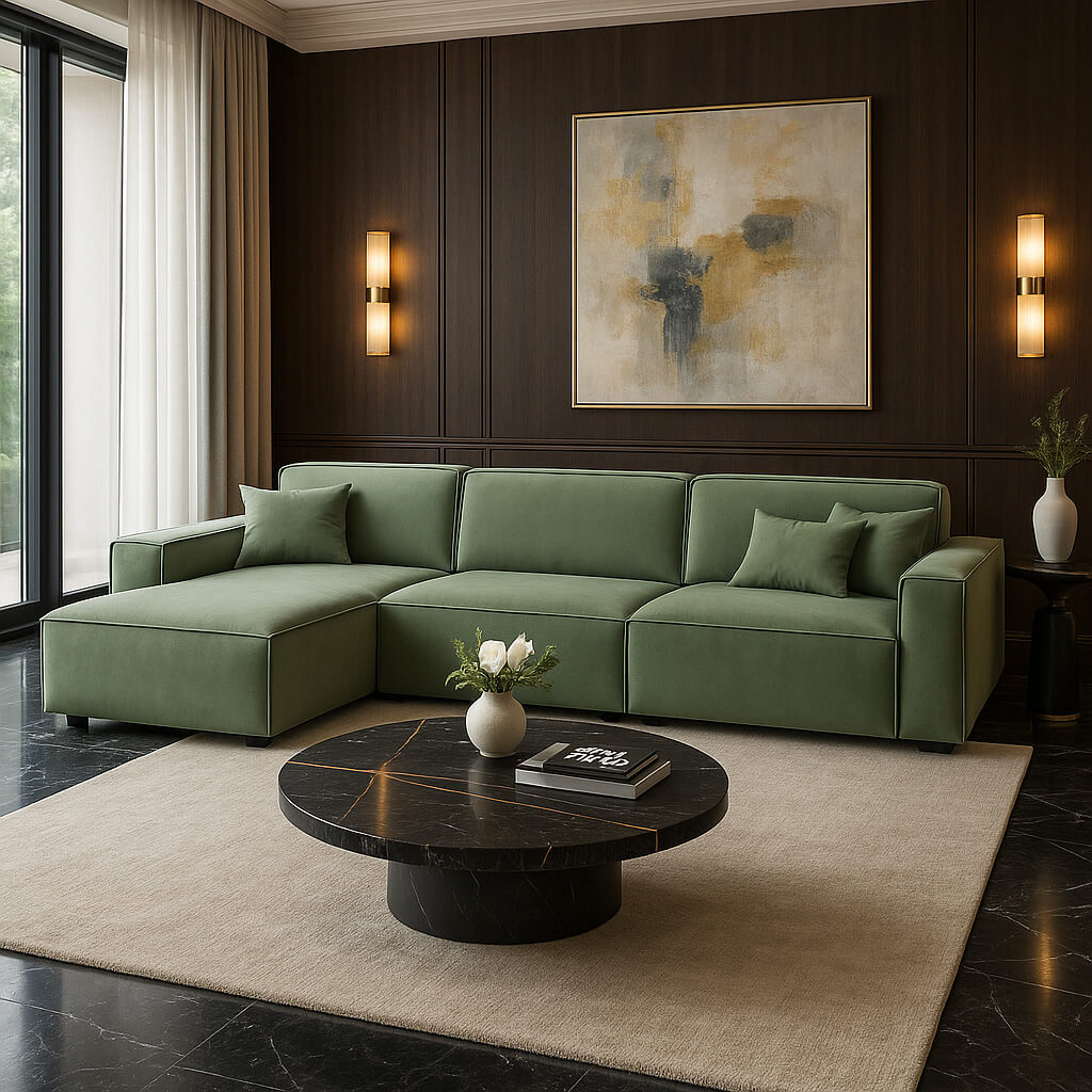 Μοντέρνος γωνιακός καναπές Nur από ανοιχτό πράσινο-φασκόμηλου ύφασμα, με κυβικό γεωμετρικό σχέδιο και ευδιάκριτα αρθρωτά τμήματα. / Soft green