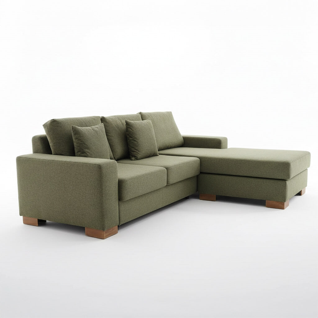 Γωνιακός καναπές Oslo – ύφασμα – πράσινος – σε λευκό φόντο – πλαϊνή όψη / Soft Green