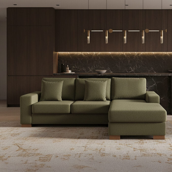 Γωνιακός καναπές Oslo – ύφασμα – πράσινος – με ξύλινα πόδια – για σαλόνι / Soft Green