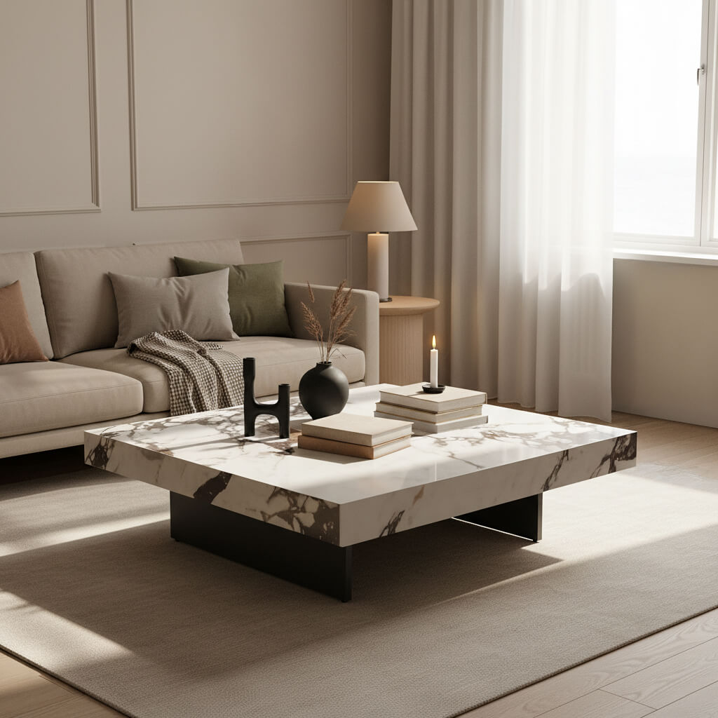 Τραπεζάκι σαλονιού Pearl – κεραμικό – λευκό με όψη μαρμάρου – τετράγωνο – μοντέρνο