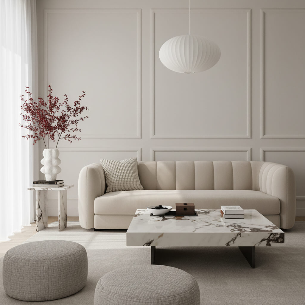 Τραπεζάκι σαλονιού Pearl – τεχνητή πέτρα– λευκό – για σαλόνι – πολυτελές design.