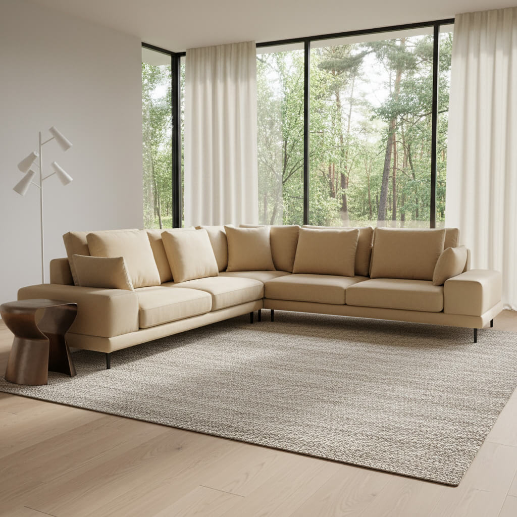 Γωνιακός καναπές Πορτοφίνο – microsuede – μπεζ-χρυσό – για σαλόνι – μοντέρνος / Golden Beige