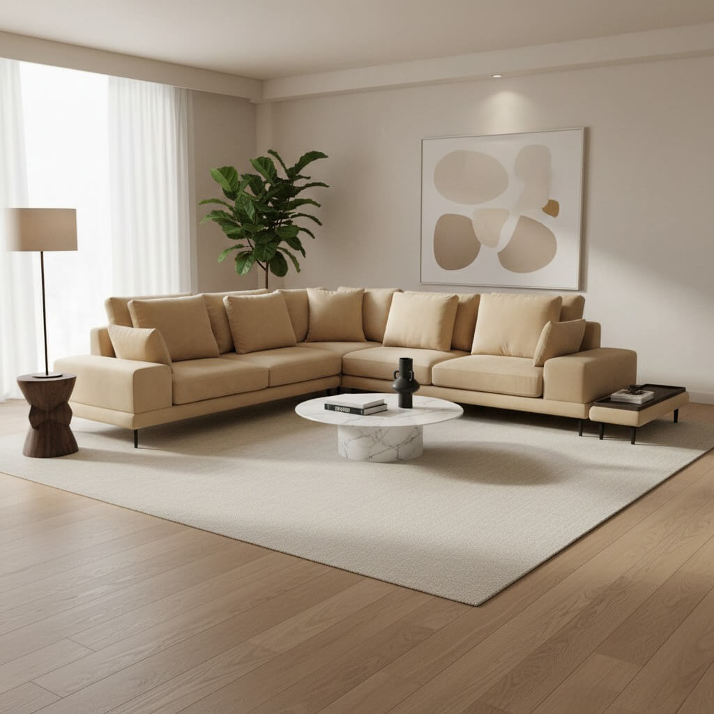 Γωνιακός καναπές Πορτοφίνο – ύφασμα – μπεζ-χρυσό – για σαλόνι – σύγχρονο design / Golden Beige