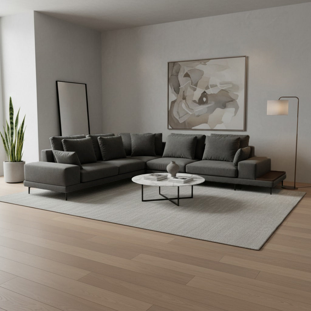 Γωνιακός καναπές Πορτοφίνο – ύφασμα – σκούρο γκρι – με ενσωματωμένο τραπεζάκι – μοντέρνος / Grey