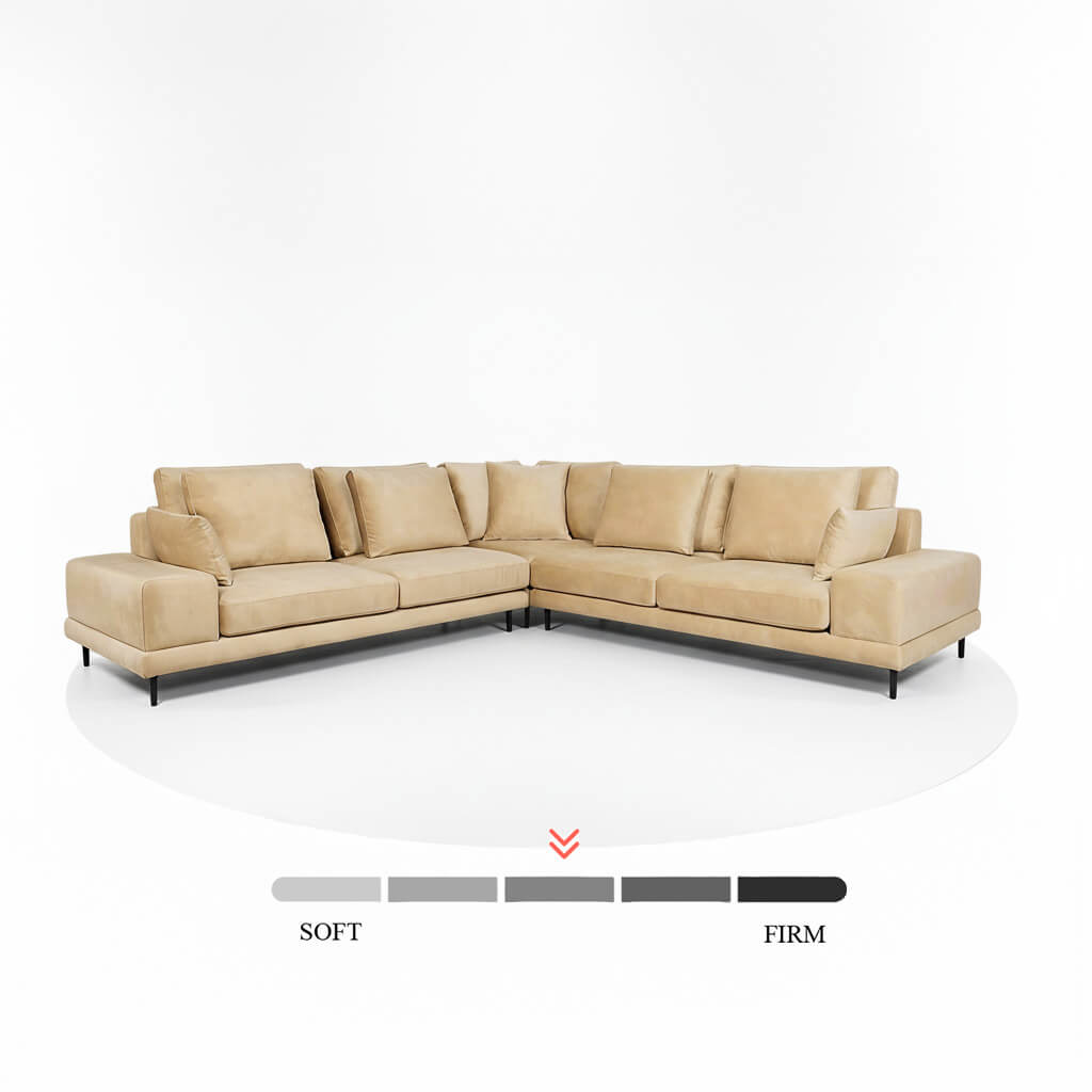 Γωνιακός καναπές Πορτοφίνο – microsuede – μπεζ-χρυσό – σε λευκό φόντο – μοντέρνος / Golden Beige