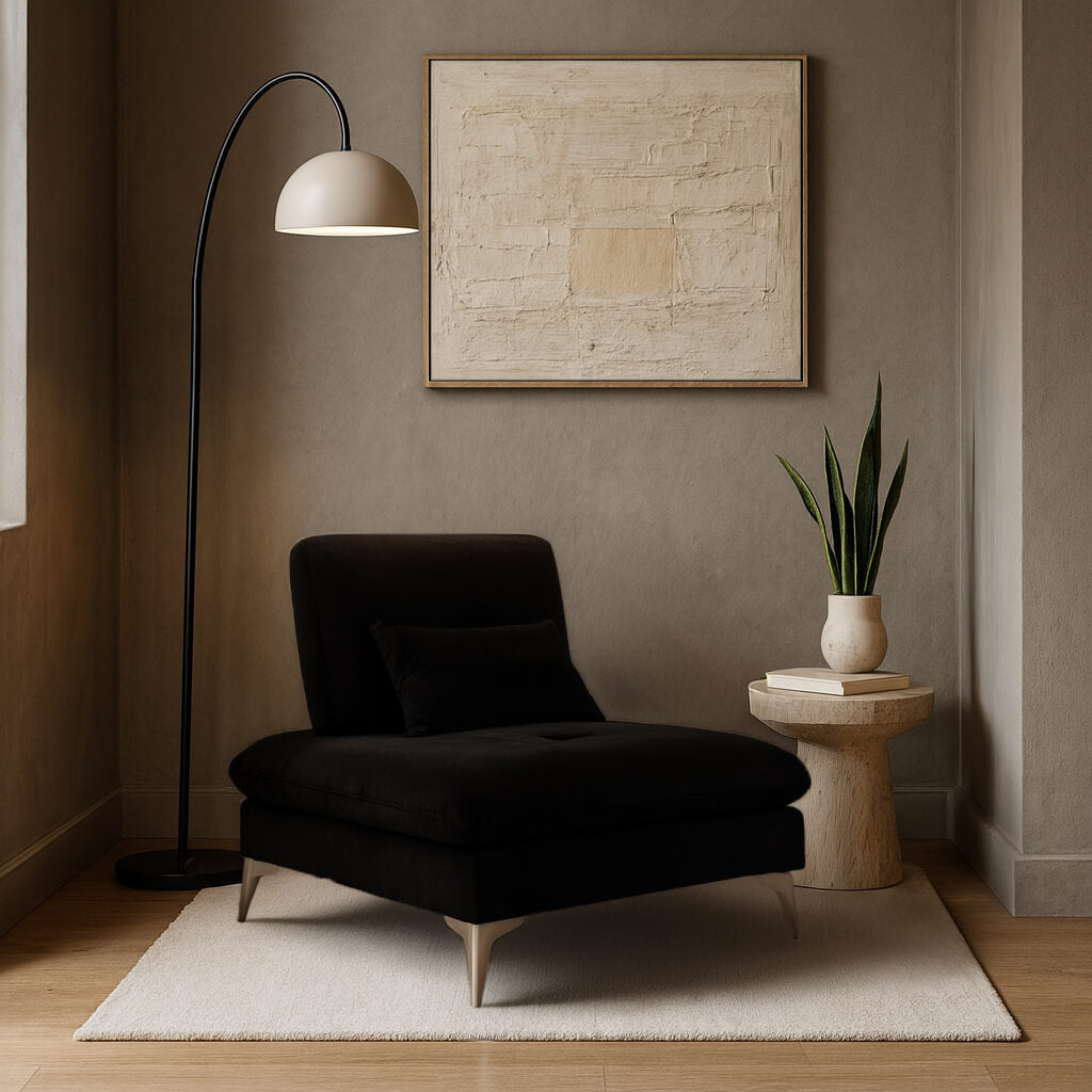 Μοντέρνα πολυθρόνα Quattro – βελούδο – μαύρη – με μεταλλικά πόδια – design.