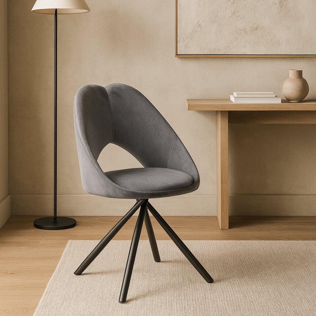 Καρέκλα τραπεζαρίας Ρέινα – ύφασμα – γκρι – με μαύρη βάση – μοντέρνο στυλ. / Grey