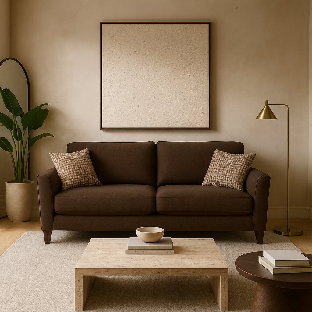 Τριθέσιος καναπές Renata – ύφασμα – σκούρο καφέ – σε μοντέρνο σαλόνι – design / Brown